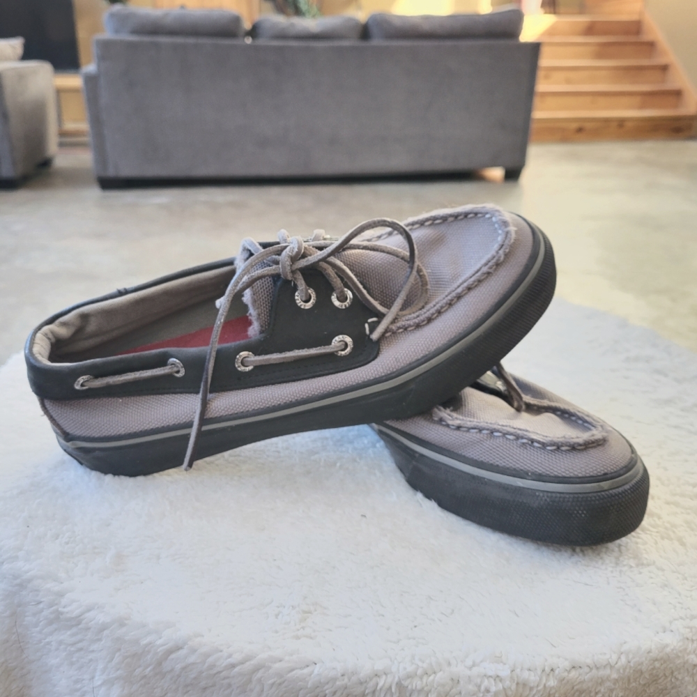 Gray Sperry Canvas Boat Shoes Black Leather Trim Laces Men's 7